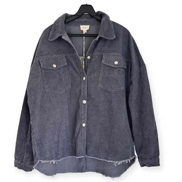 143 Story Gray Corduroy Snap Button Raw Hem Shacket Jacket Size Medium - Picture 1 of 7
